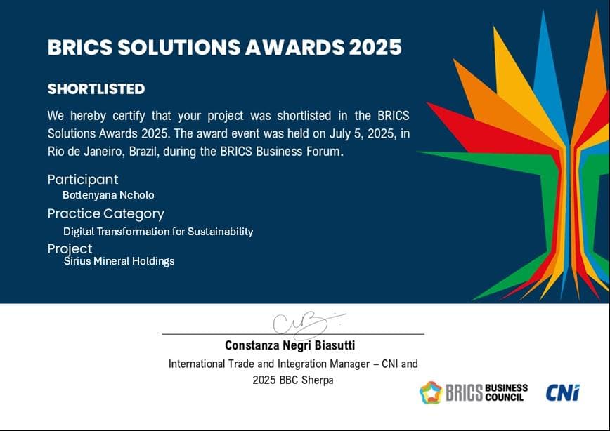 Sirius-MTP™️ Named Top 5 Finalist at BRICS Solutions Awards 2025 in Brazil for Digital Sustainability Innovation