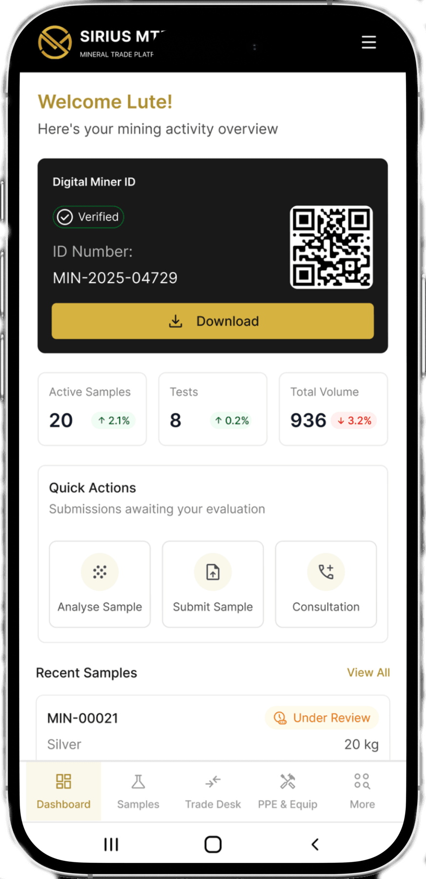 Sirius MTP mobile app with QR code