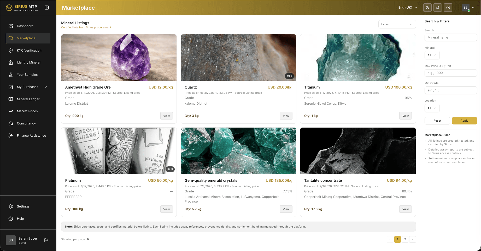 Sirius MTP marketplace mineral listings dashboard